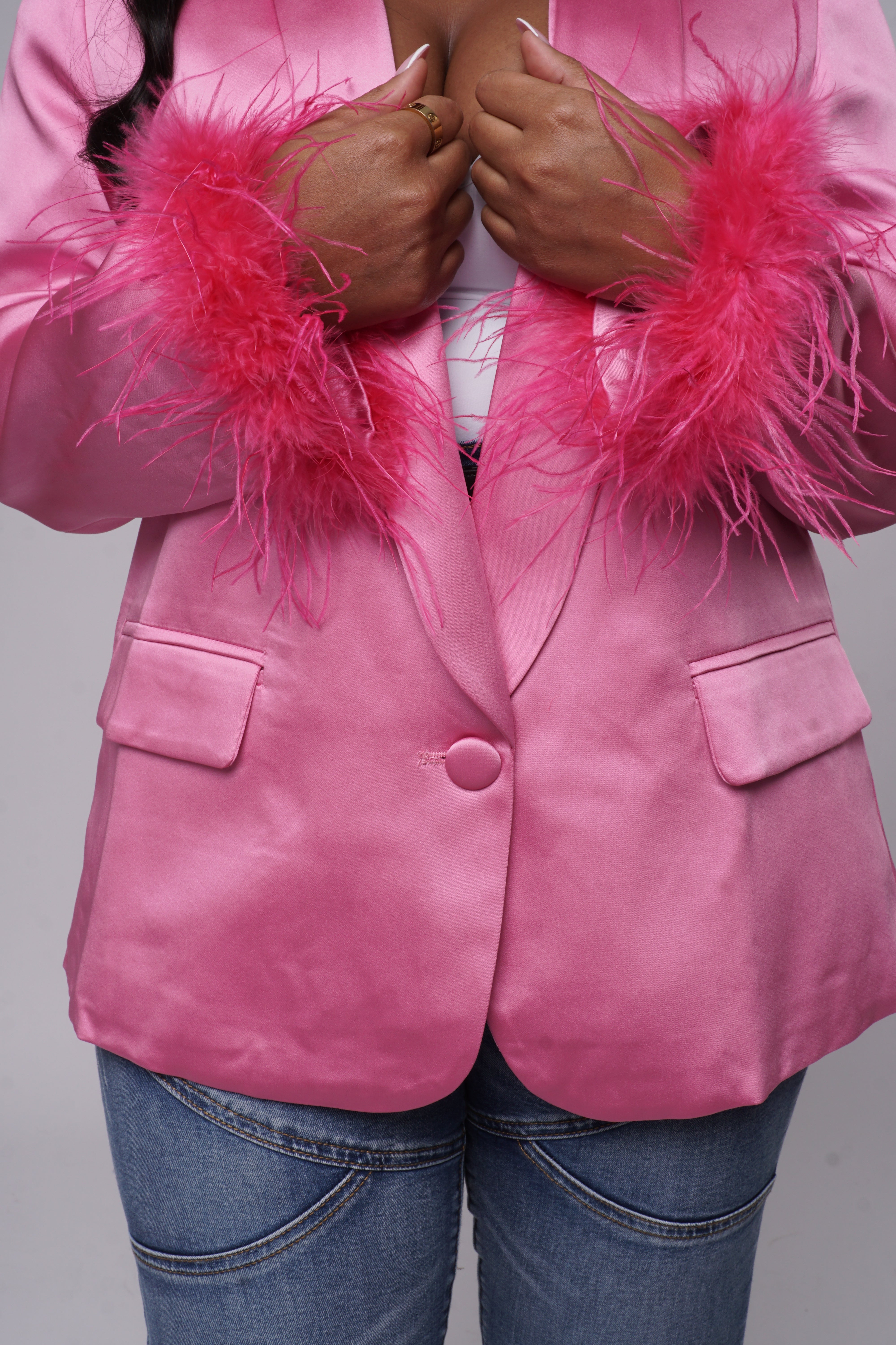 Pink Satin & Feather Blazer (Pink) - Wholesale